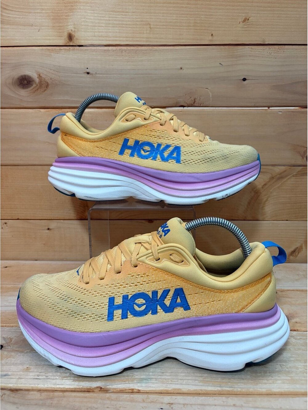 HOKA Bondi 8 Shoes Yellow Purple Running Road Cushion 1127952 Womens size 9B - Picture 1 of 6